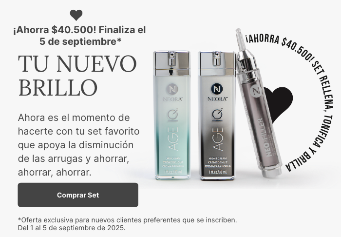 A promotional banner for Neora’s Fill, Lift & Glow Set. Featured is text reading ”Preferred Customers only: Save $15 off until Sept 5,” and a “Shop Fill, Lift & Glow Set” button underneath it.